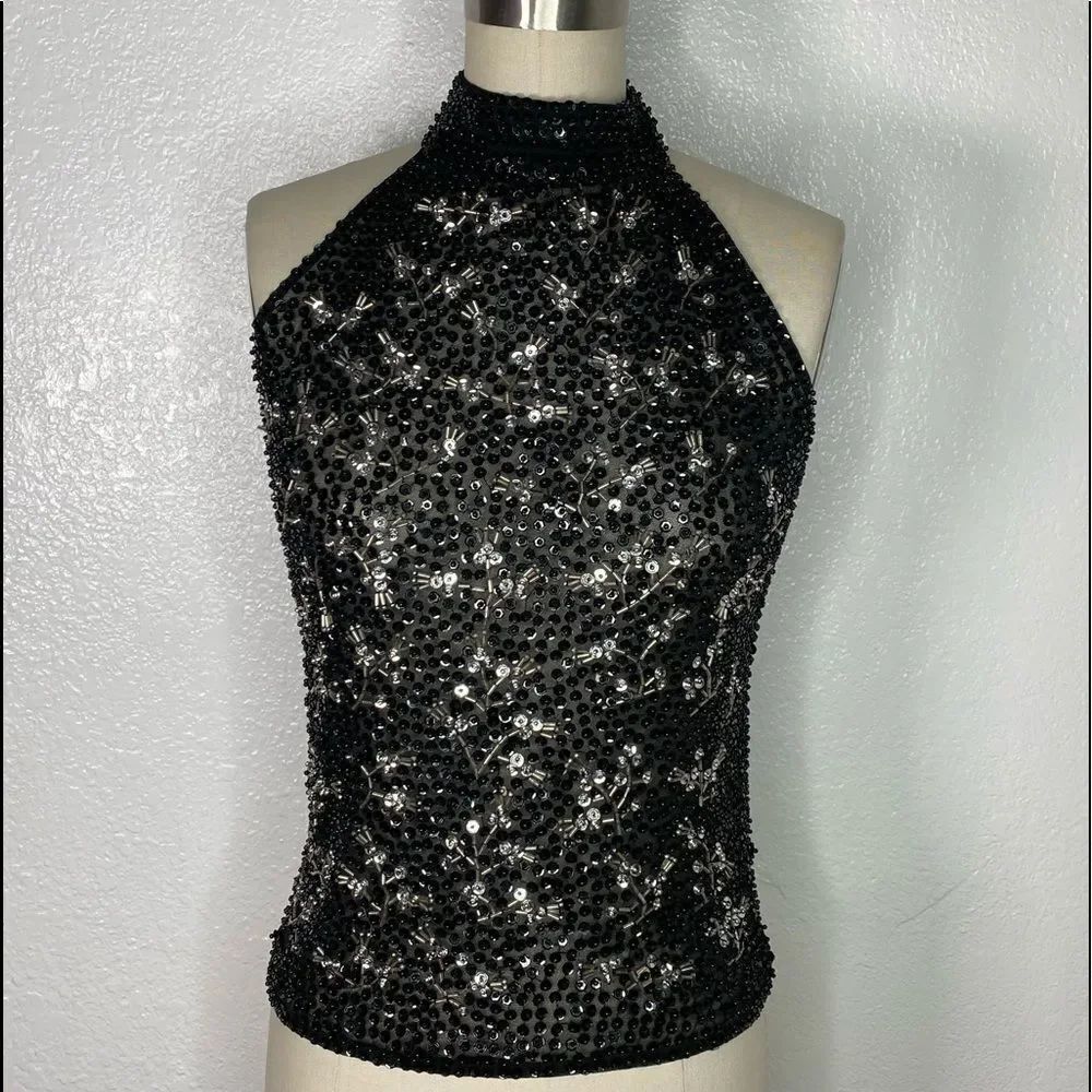 Vintage black silver beaded mesh burning man festival party top M